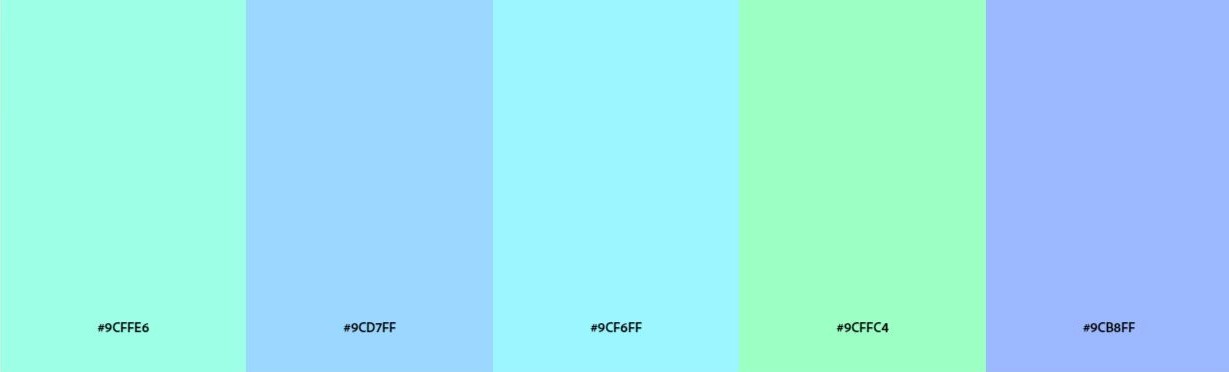 Analogous color scheme palette of light blues and aquas labeled with hex codes.