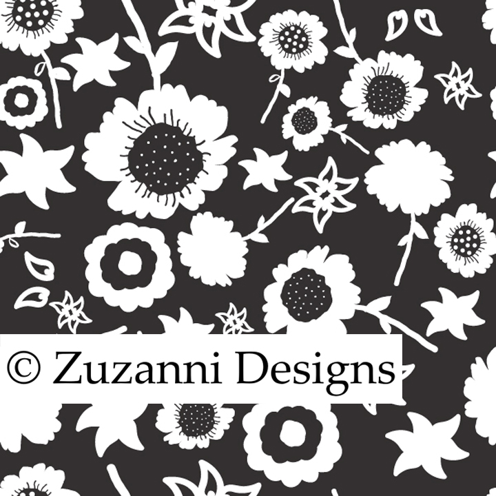 Black and white floral Surface Pattern Design with watermark.