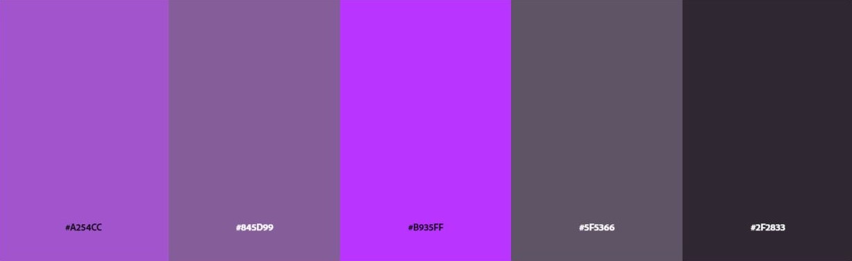 Monochromatic color scheme palette made from varying shades of purple labeled with hex codes.