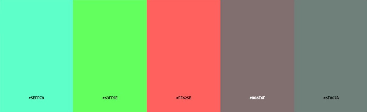 Split Complementary color scheme palette featuring turquoise, lime green, and red, labeled with hex codes.
