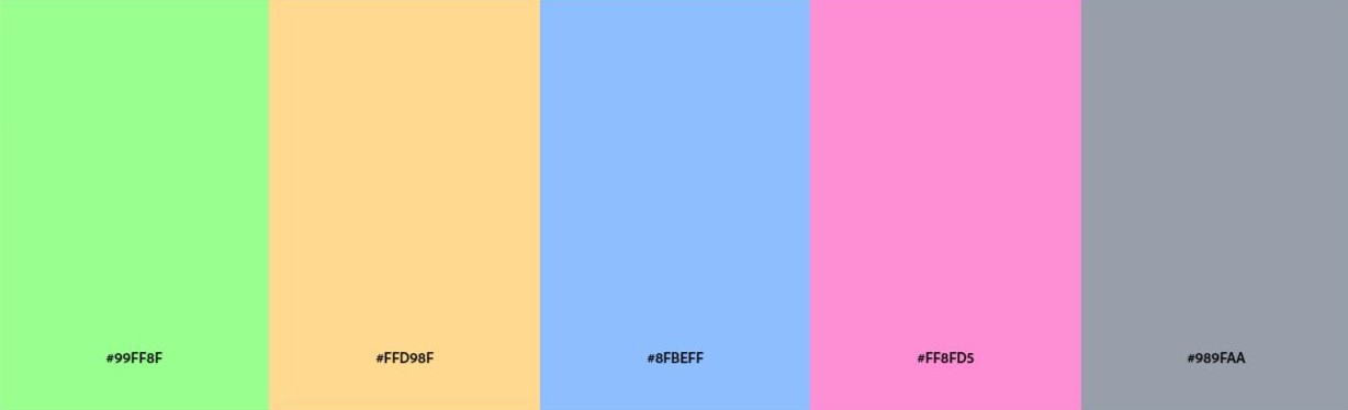 "Square" color scheme palette featuring pastel green, blue, pink, and yellow, labeled with hex codes.