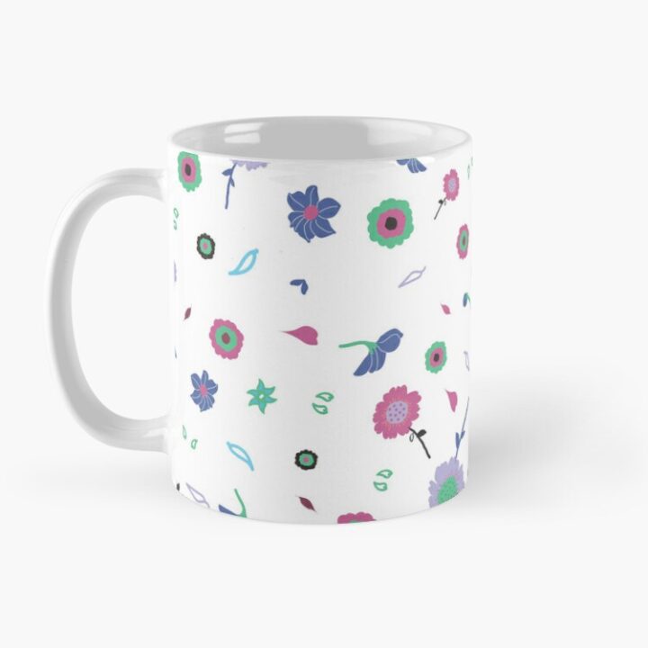 Ceramic flower mug featuring a wraparound white and pink floral pattern design. Designed by Zuzanii Designs.