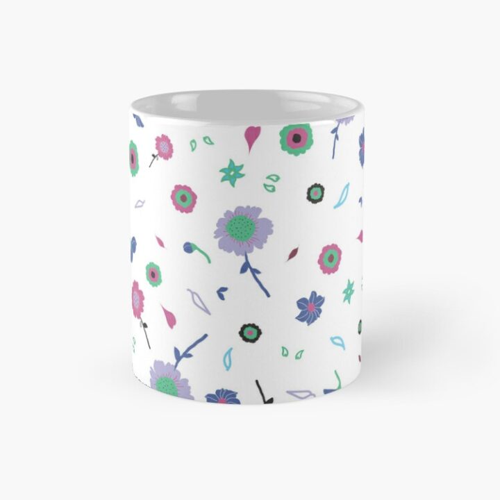 Ceramic flower mug featuring a wraparound white and pink floral pattern design. Designed by Zuzanii Designs.