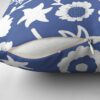 Close-up of concealed zip opening on throw pillow featuring an original blue and white floral pattern, made with a 100% spun polyester cover. One of many floral pillowcases designed by independent artist Zuzanii Designs.
