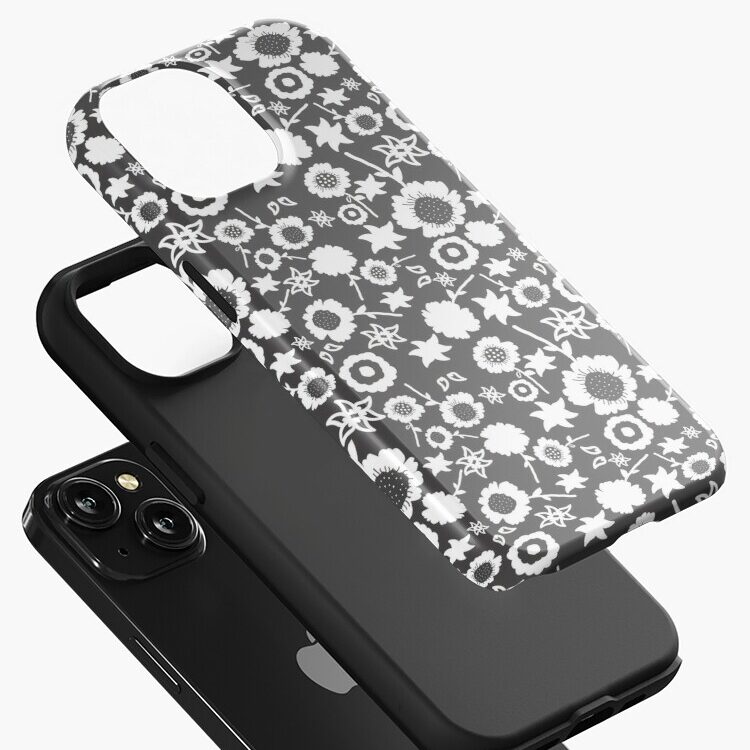 Tough iPhone case with black and white floral Surface Pattern Design.
